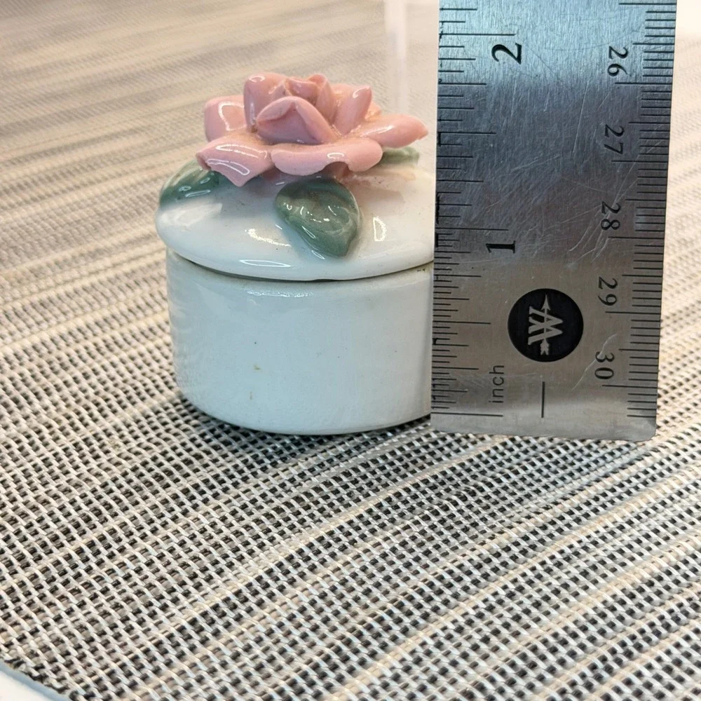 Vintage Porcelain Trinket Box Pink Rose Flower Lid Round Ceramic Jewelry Case